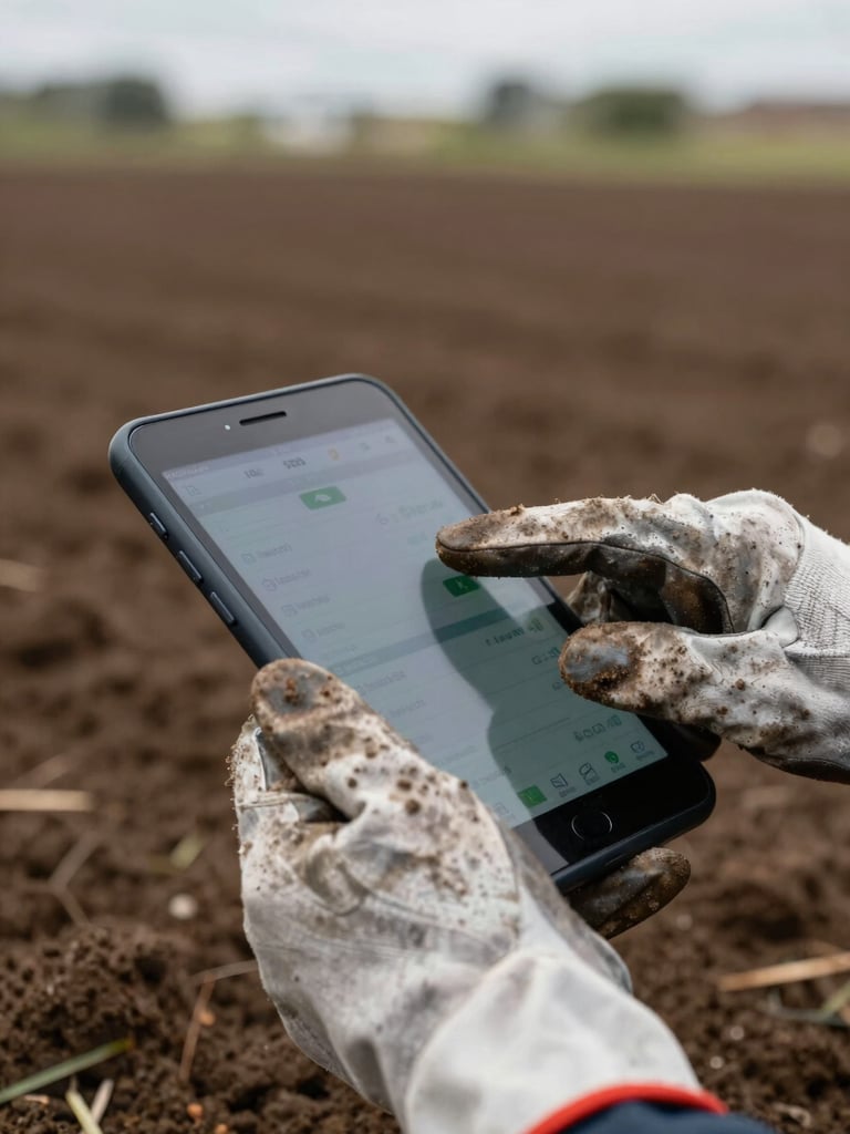 Close detail shot, weathered hands in work gloves tapping an Android screen showing field data, soil visible in the background, overcast natural daylight
