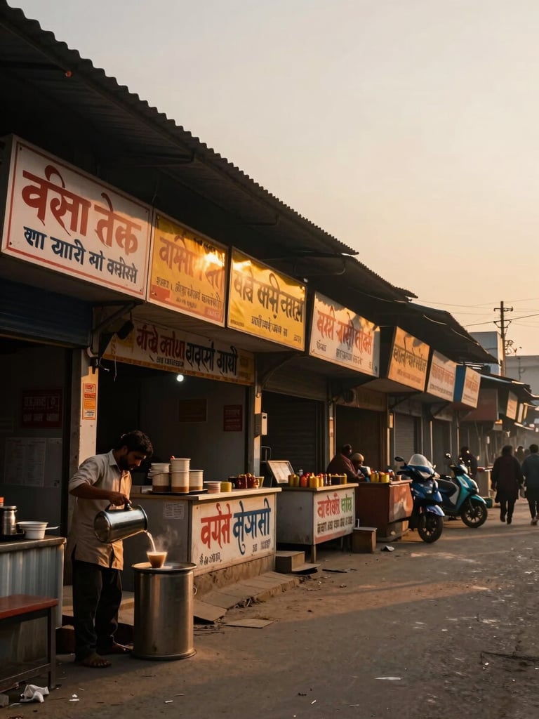 Wide environmental shot of a narrow market lane in Patna at golden hour — a row of small shopfronts with hand-painted signage, a tea vendor pouring chai in the foreground left, warm amber light raking across the storefronts, overcast-gold sky visible at the top edge, shot from street level looking down the lane