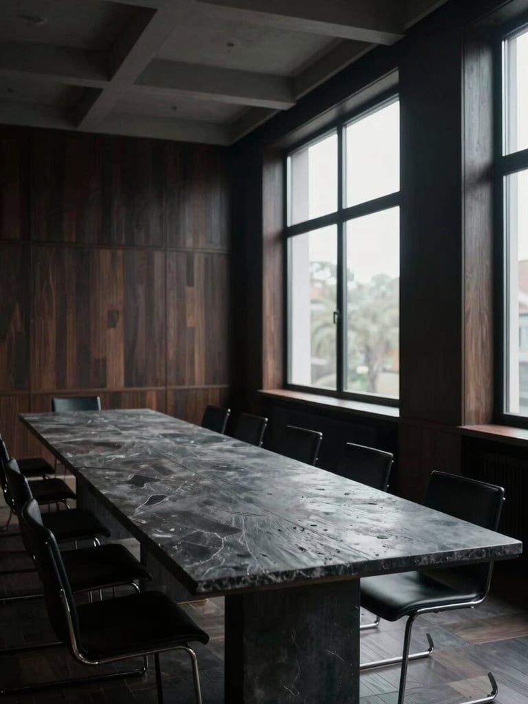 Wide architectural interior of an empty private conference room, dark wood panelling and a long stone table receding in perspective to the left, cool north-facing light entering from floor-to-ceiling windows on the right, overhead geometric ceiling, no people, muted charcoal tones