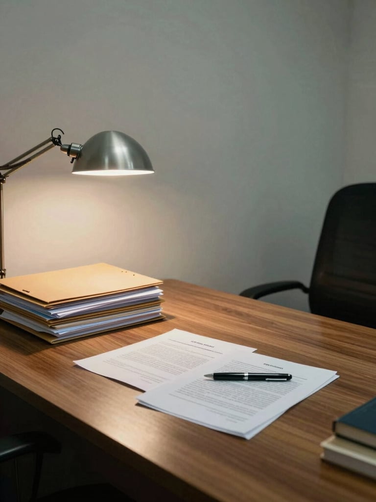 Wide environmental shot of a modest financial office interior in interior São Paulo — a wooden desk with stacked document folders, a pen resting on a printed contract, and a desk lamp casting even indirect light across the workspace. No people visible. Calm, institutional atmosphere.