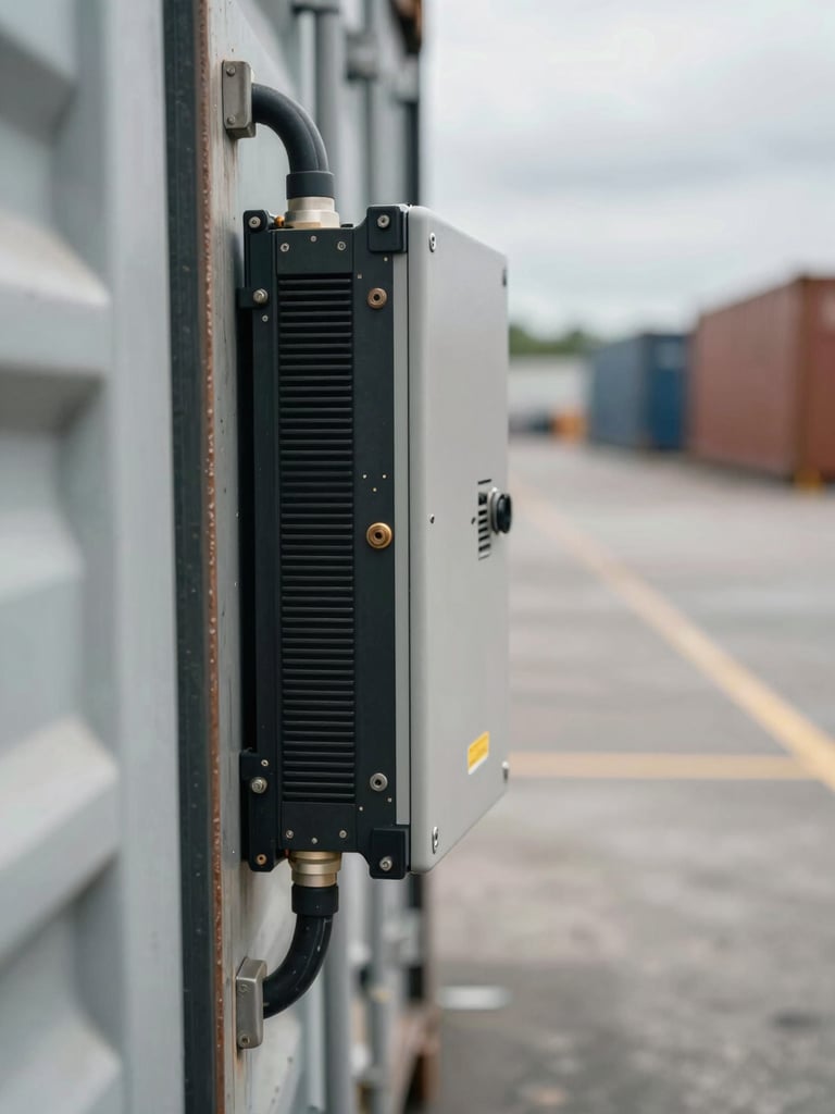 Close-up of a ruggedised IoT gateway device mounted to the exterior of a shipping container at a logistics yard — cable conduits and weather-sealed connectors visible, overcast natural daylight, slightly desaturated tones, concrete yard surface blurred in the background