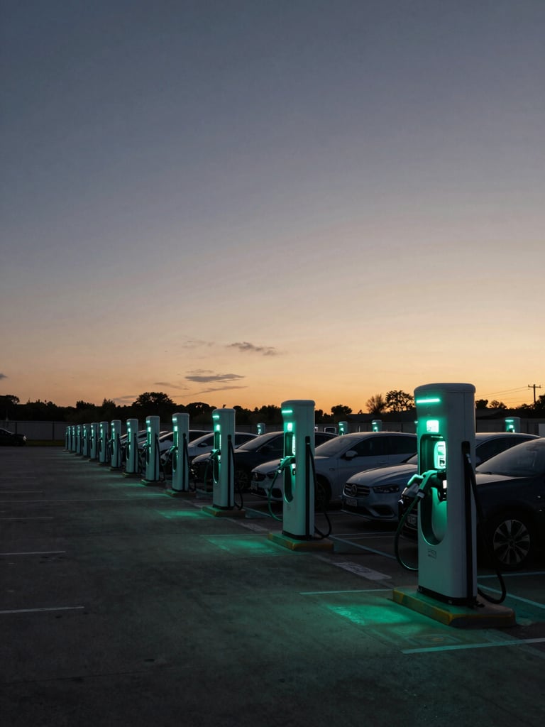 Wide panoramic view of an active EV charging yard at dusk, rows of charging stations illuminated in deep teal glow along the right two-thirds of the frame, overcast sky fading to amber on the horizon, vehicles plugged in and silhouetted, low camera angle showing infrastructure scale