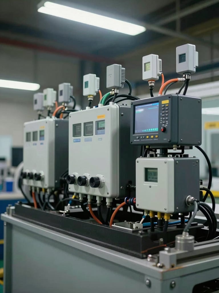 Close-up wide shot of industrial IoT devices mounted on heavy machinery on a factory floor under available fluorescent work light, cables and sensors visible, equipment running at full capacity, slightly desaturated documentary tone