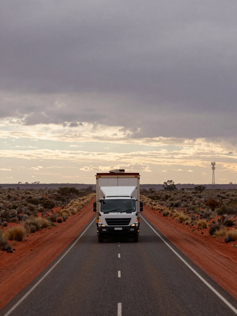 Long-lens shot looking down a remote Australian highway at dusk — a freight truck small in the frame, red dust plains stretching to the horizon on both sides, overcast sky diffusing last light, a cellular tower silhouette visible in the far right distance