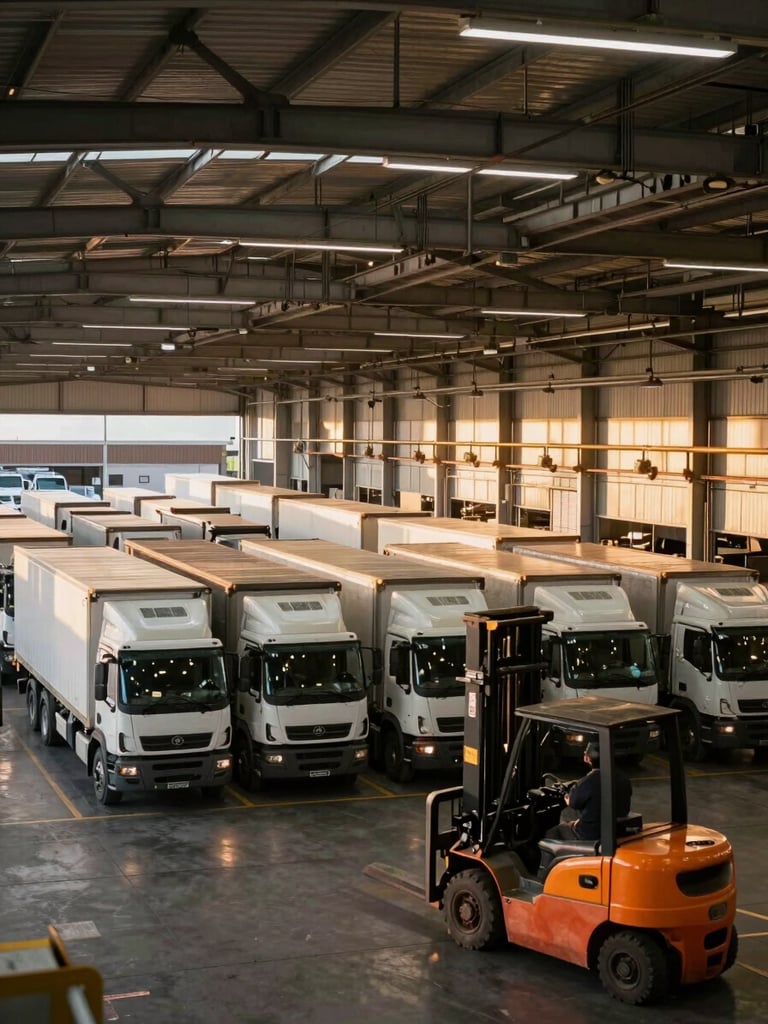 Wide-angle view inside a busy Australian logistics hub at golden hour — a long row of semi-trailers being loaded under high-bay lights, forklifts mid-motion in the foreground, industrial steel and concrete structure framing the depth of the yard, available light spilling through roller doors, slightly desaturated, no people facing camera
