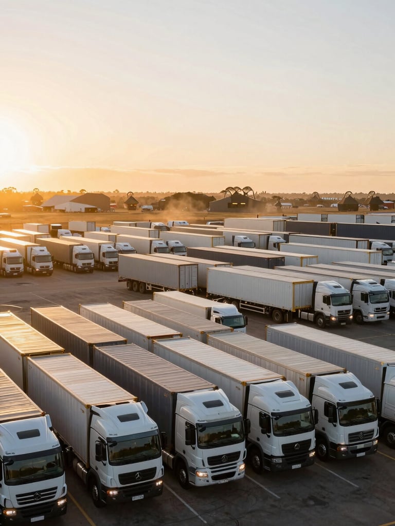 Wide panoramic view of a large Australian logistics fleet yard at golden hour, rows of semi-trailers and rigid trucks parked in formation, dust haze catching low amber light, expansive sky above, industrial scale evident