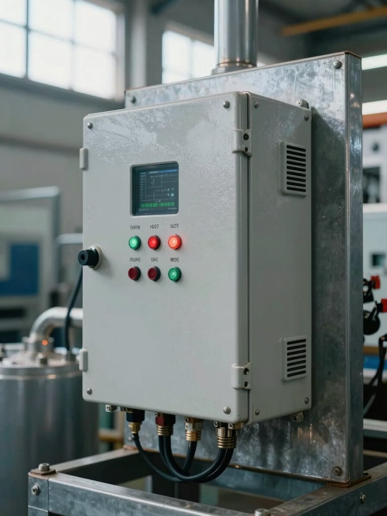 Close-up of an industrial IoT gateway device mounted on a steel panel inside a processing facility, hardened enclosure showing field wear, indicator lights active, conduit cabling visible, overcast ambient light from high factory windows
