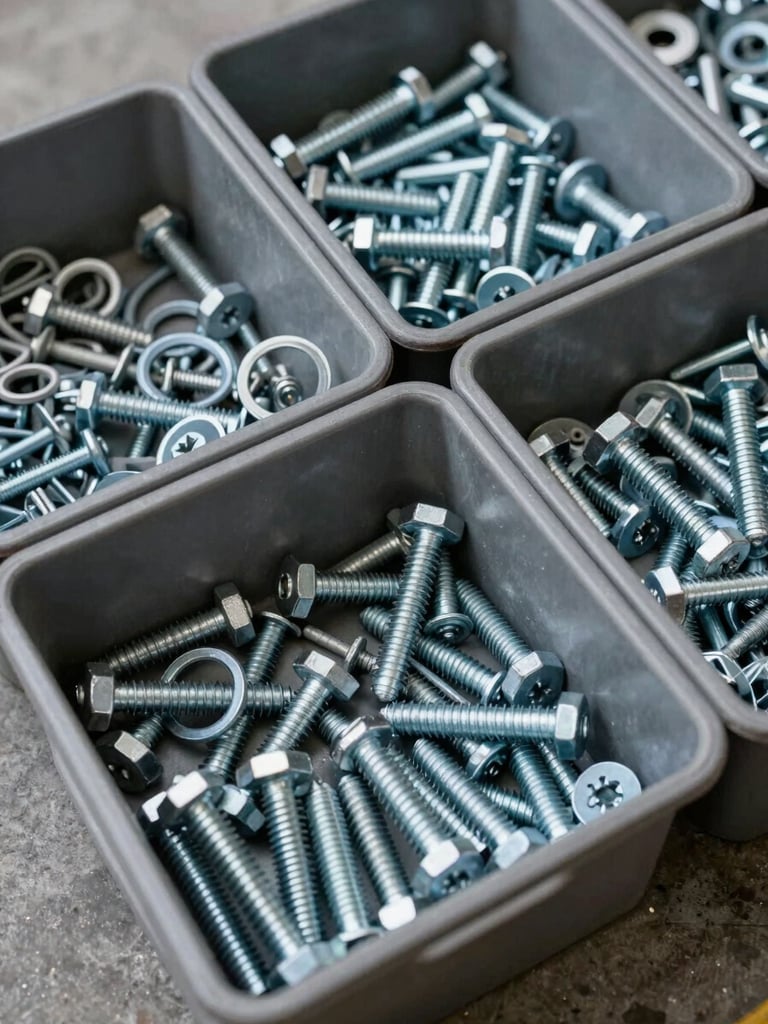 Extreme close-up overhead shot of organized hardware bins filled with hex bolts, anchor fasteners, and structural washers sorted by grade, warehouse concrete floor visible at the edge, diffused dock-bay daylight casting flat even illumination, no human presence, industrial steel-gray tones