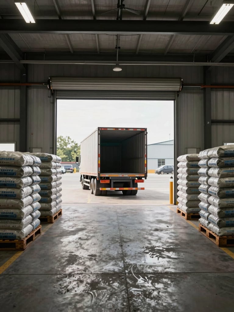 Panoramic wide-angle view inside a loading dock bay at an industrial supply warehouse, double-height overhead doors open to reveal a loaded flatbed truck backed up to the dock, bulk pallets of bagged cement stacked on the dock floor ready for staging, diffused natural daylight streaming through the open bay doors, overhead warehouse fluorescents filling the interior, no human presence, framing emphasizes operational scale and inventory readiness