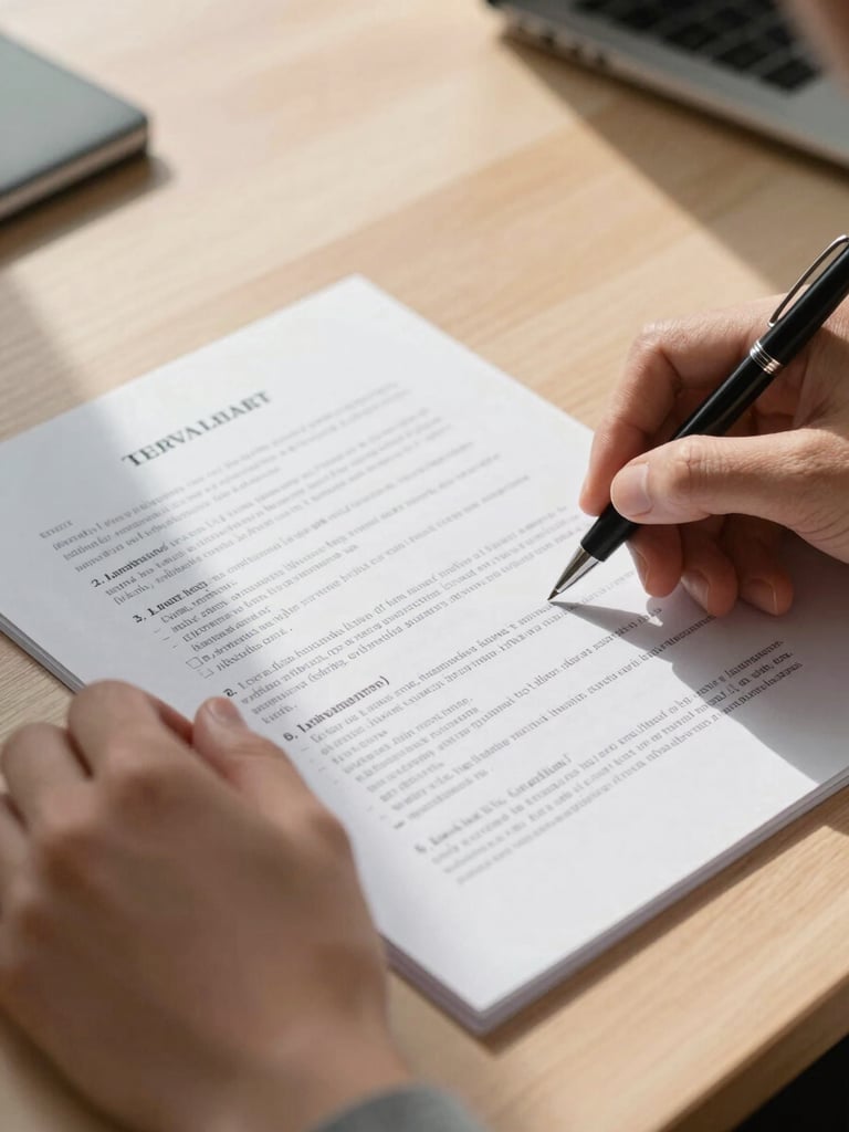 Close-up of hands reviewing a printed legal document on a pale oak desk under north-facing daylight, a pen resting beside annotated clauses, the paper surface sharp and the background softly diffused