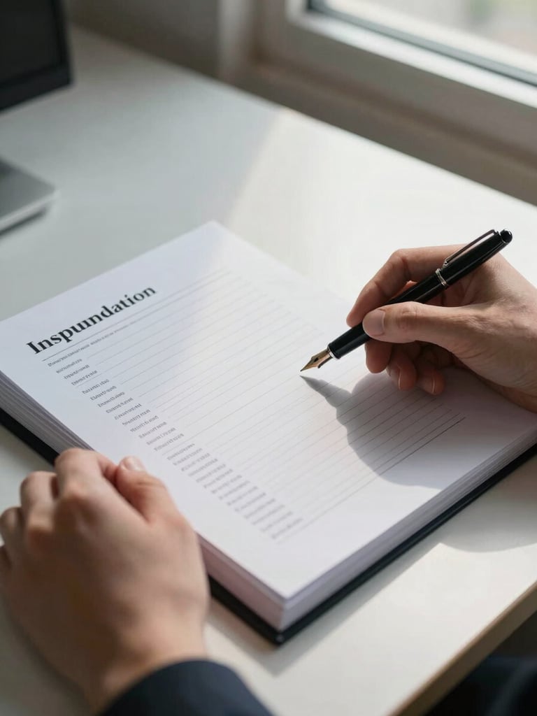 Close overhead shot of hands turning through a thick immigration case file on a white desk, a fountain pen resting across the open page, north-facing window light casting clean soft shadows, no faces visible