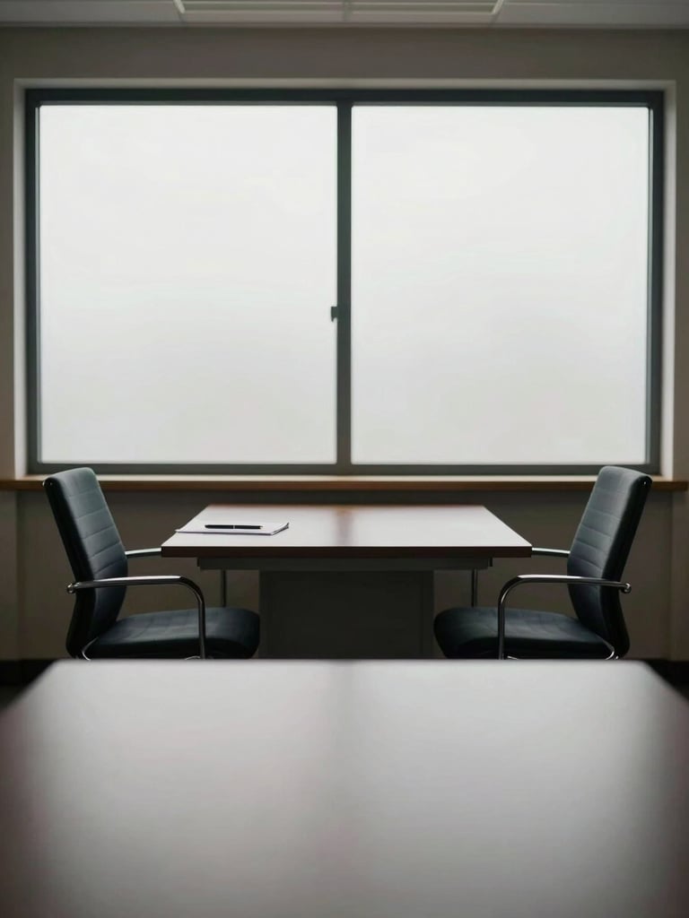 Wide environmental shot of a calm professional meeting room, two chairs angled toward each other across a narrow table, a single notepad and pen in frame, north-facing daylight through frosted glass, no people present, quiet and ordered