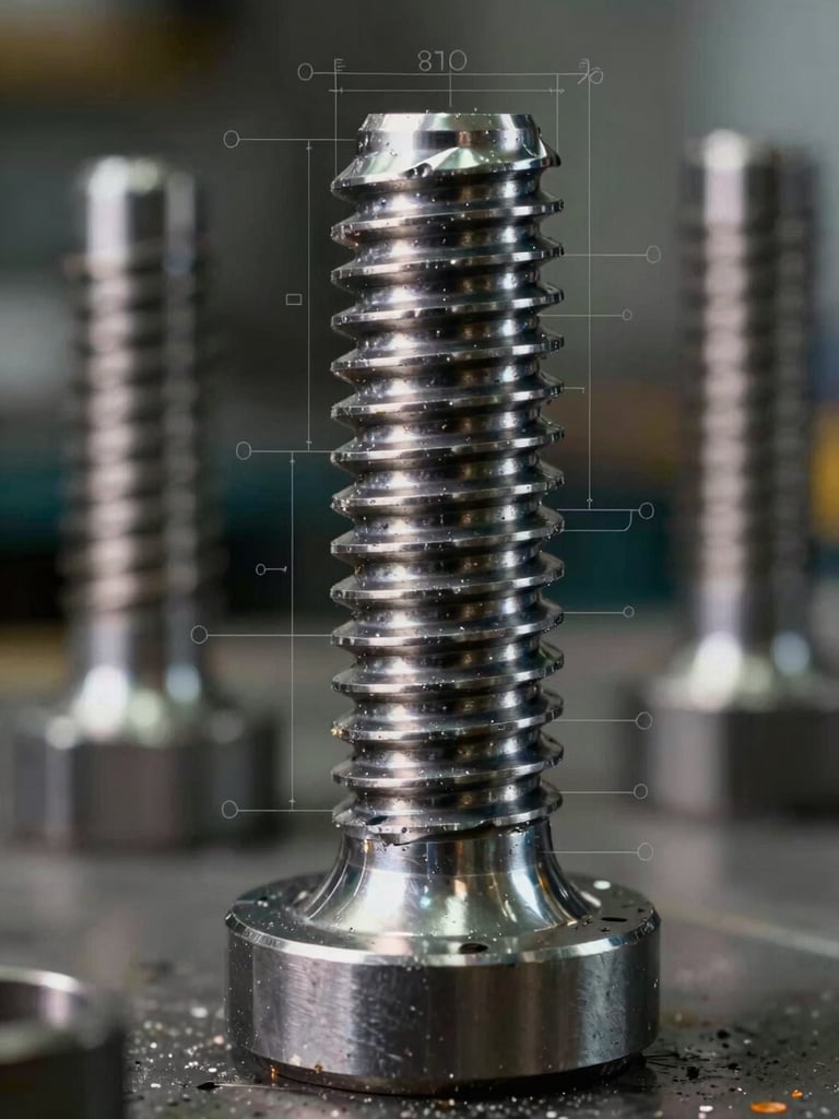 High-contrast close-up of precision-machined steel tool threads under harsh industrial workshop lighting, technical blueprint lines subtly overlaid