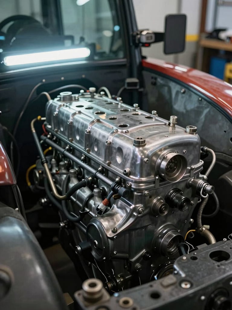 Close-up of a clean, serviced tractor engine bay, metallic parts gleaming under cool fluorescent workshop light, sharp focus