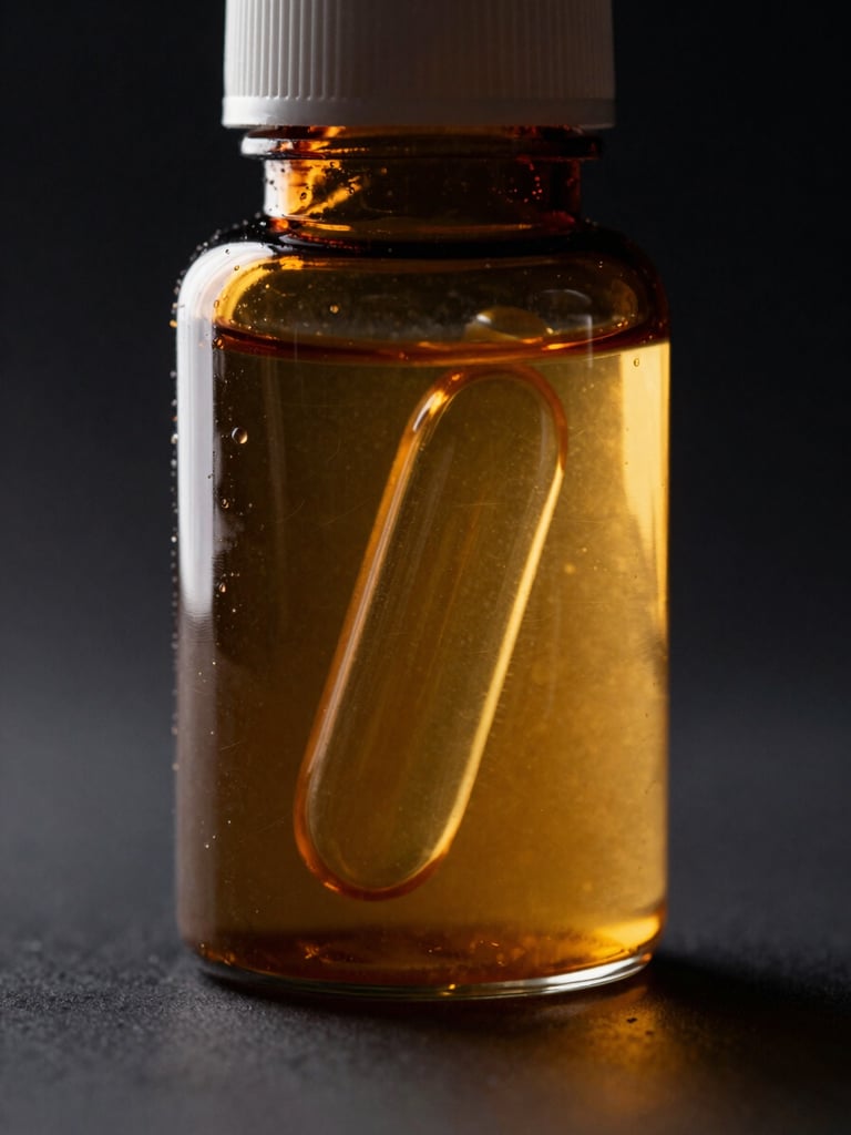 Dramatic low-key studio shot of a raw amber supplement bottle reflecting sharp gold rim light, dark background, ultra-close macro focus.