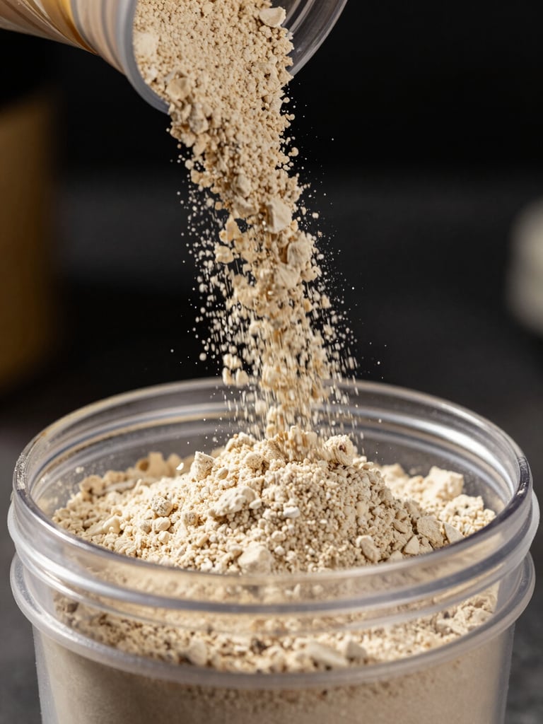 Macro shot of raw supplement powder being poured into a clean shaker cup, high-contrast gold rim lighting, sharp focus on the texture of the powder, dark atmospheric background