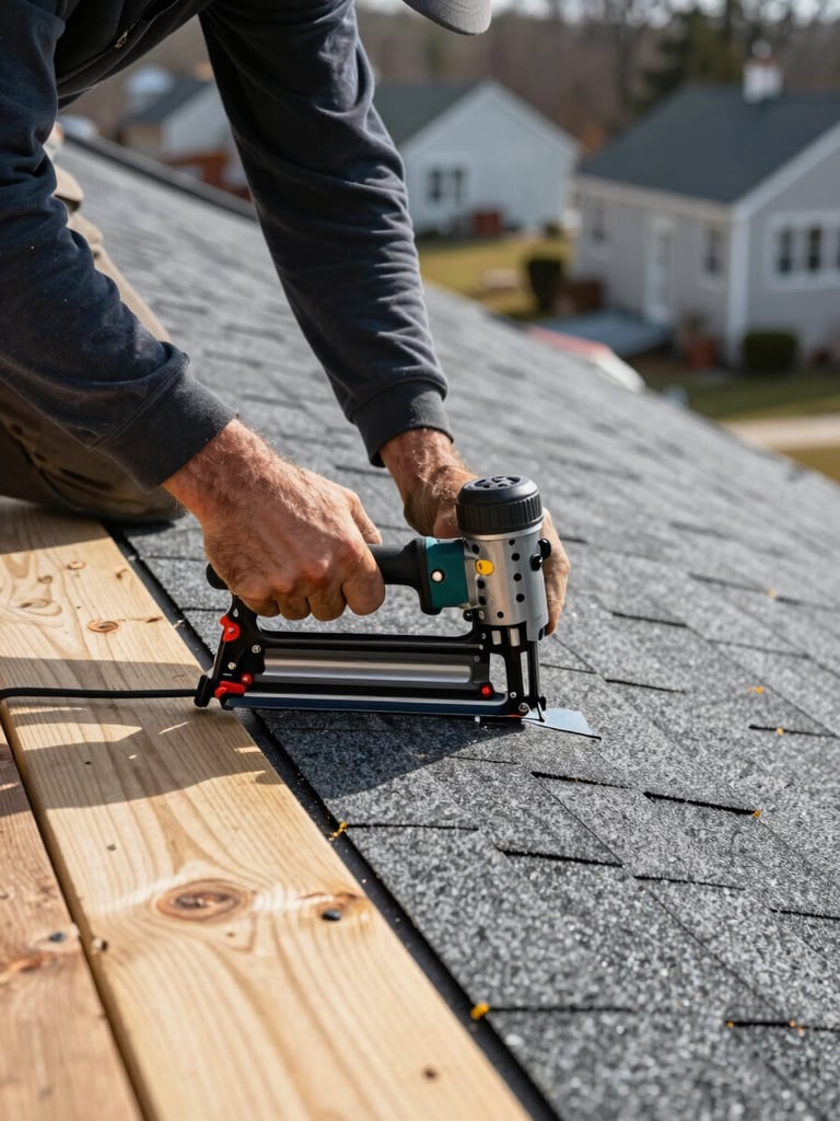 Close-up wide shot of a roofing crew nailing shingles on a residential roof, natural daylight from the left, tools and nail gun visible in hand, raw timber decking exposed in the foreground, Massachusetts neighborhood rooftops visible in the soft background