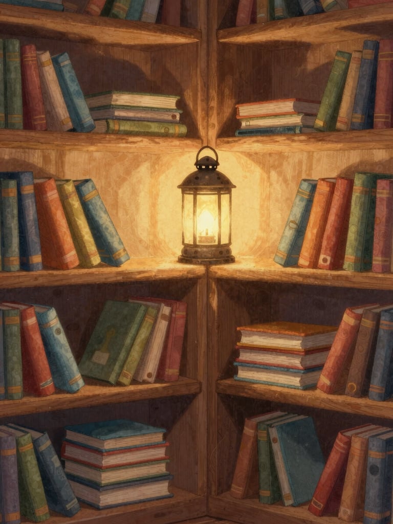Cozy classroom reading corner with warm wooden shelves, soft watercolor books, glowing lantern light, hand-drawn paper texture illustration