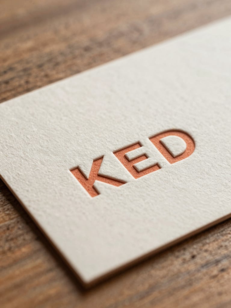 Macro close-up of embossed business cards with textured cream paper and warm clay terracotta ink, resting on a raw wooden surface under soft, indirect daylight.