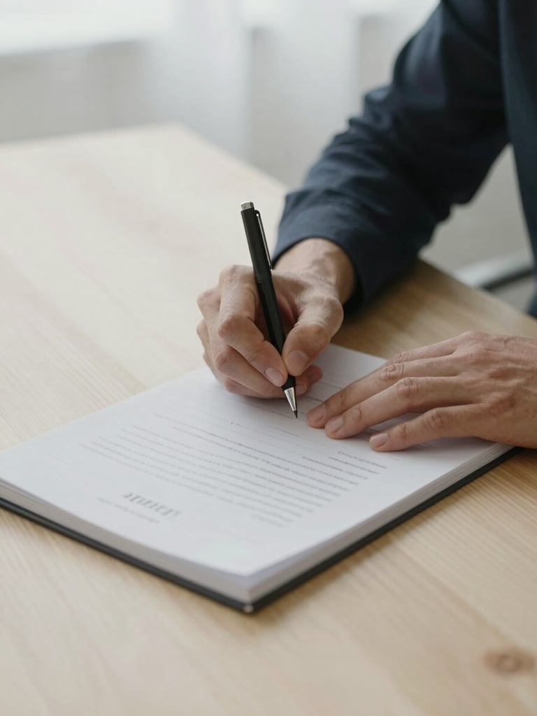Close-up of hands signing a document on a clean wooden desk, minimalist workspace, natural light, open notebook with neat handwriting