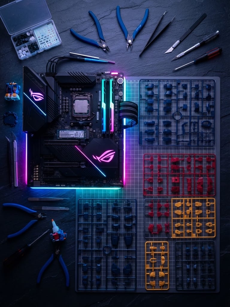 Overhead flat-lay of a dark slate workbench with a custom PC motherboard, neatly organized Gunpla runners, and glowing neon RGB accents, sharp focus, 50mm lens