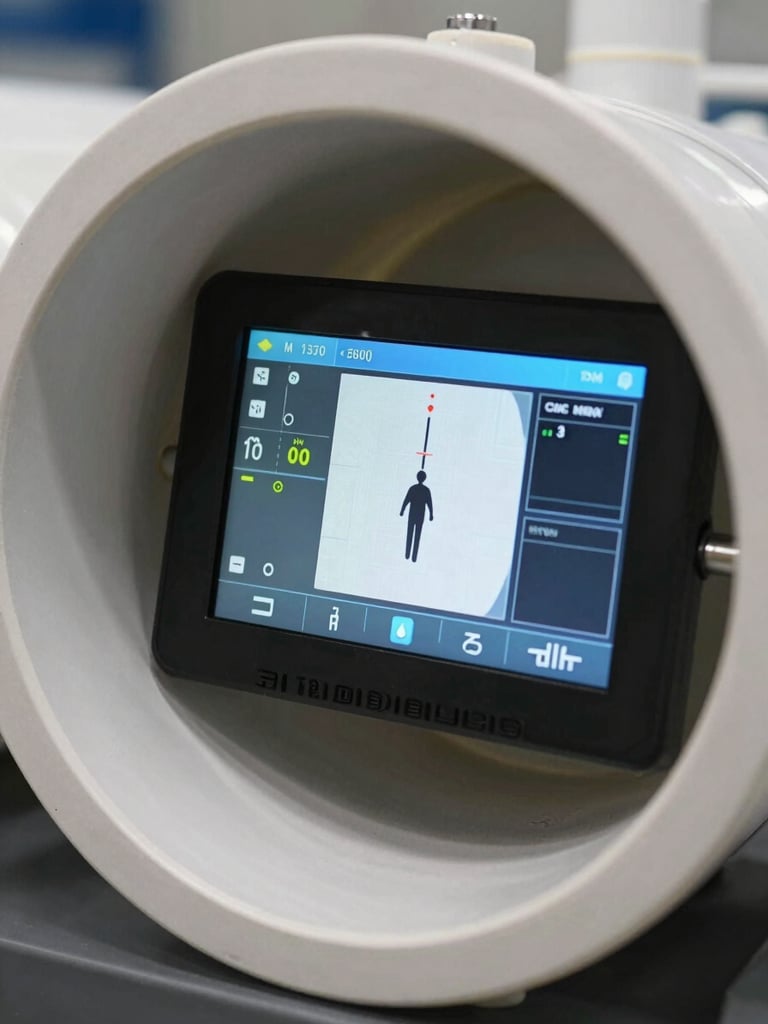 Macro shot of a modern video inspection screen showing the clean interior of a PVC pipe, realistic lighting, sharp focus on the digital diagnostic interface.