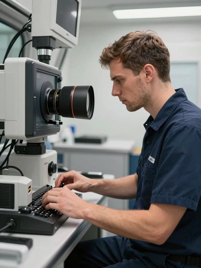 Direct eye-level shot of a professional technician in a clean navy uniform operating high-tech diagnostic equipment inside a service vehicle, sharp realistic lighting.