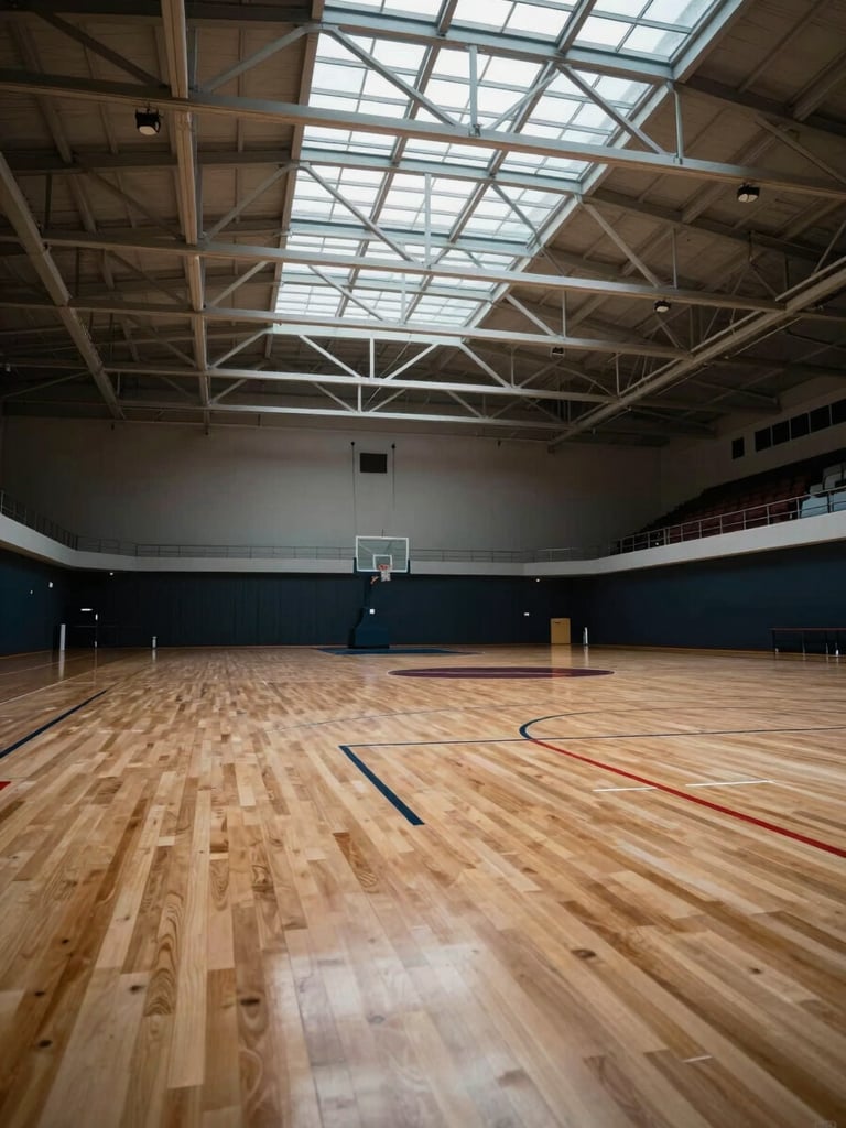 Wide interior of a premium sports arena, architectural ceiling trusses overhead, polished hardwood court surface receding to the far wall, cool diffused north-light from clerestory windows, no people present — precise spatial geometry and material finish