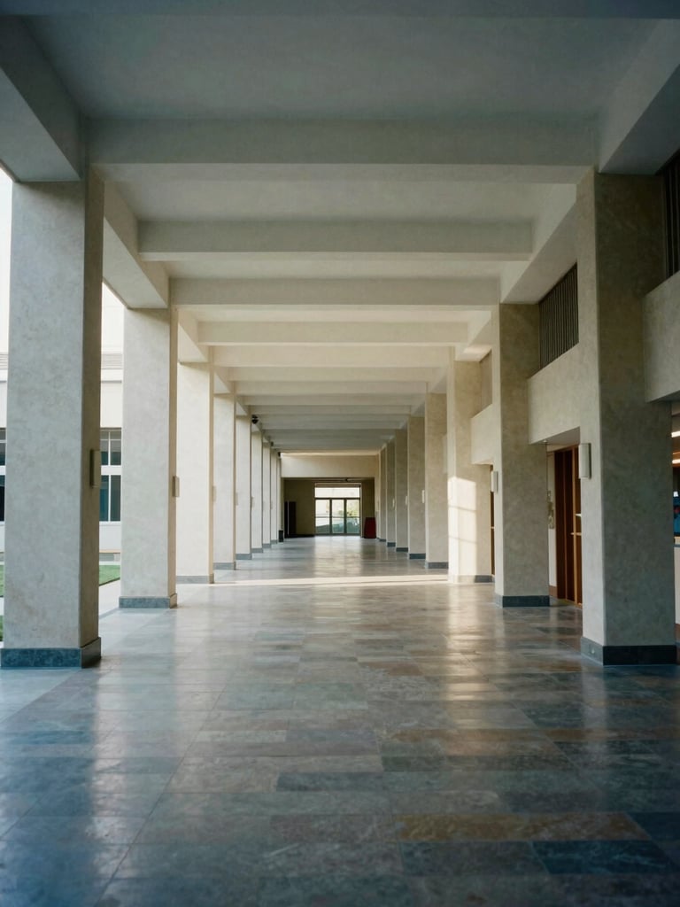 Wide architectural interior of a contemporary school corridor, symmetrical geometry of columns and ceiling coffers, polished stone floor reflecting cool north light, empty and precise, no people
