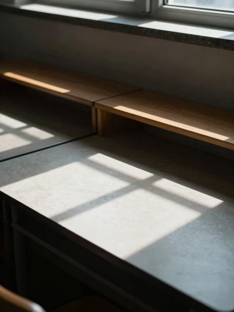 Close-up of a classroom corner under cool north light—pale stone desk surface, clean-edged shelving in dark timber, geometric window grid casting sharp shadow lines, no people, no clutter
