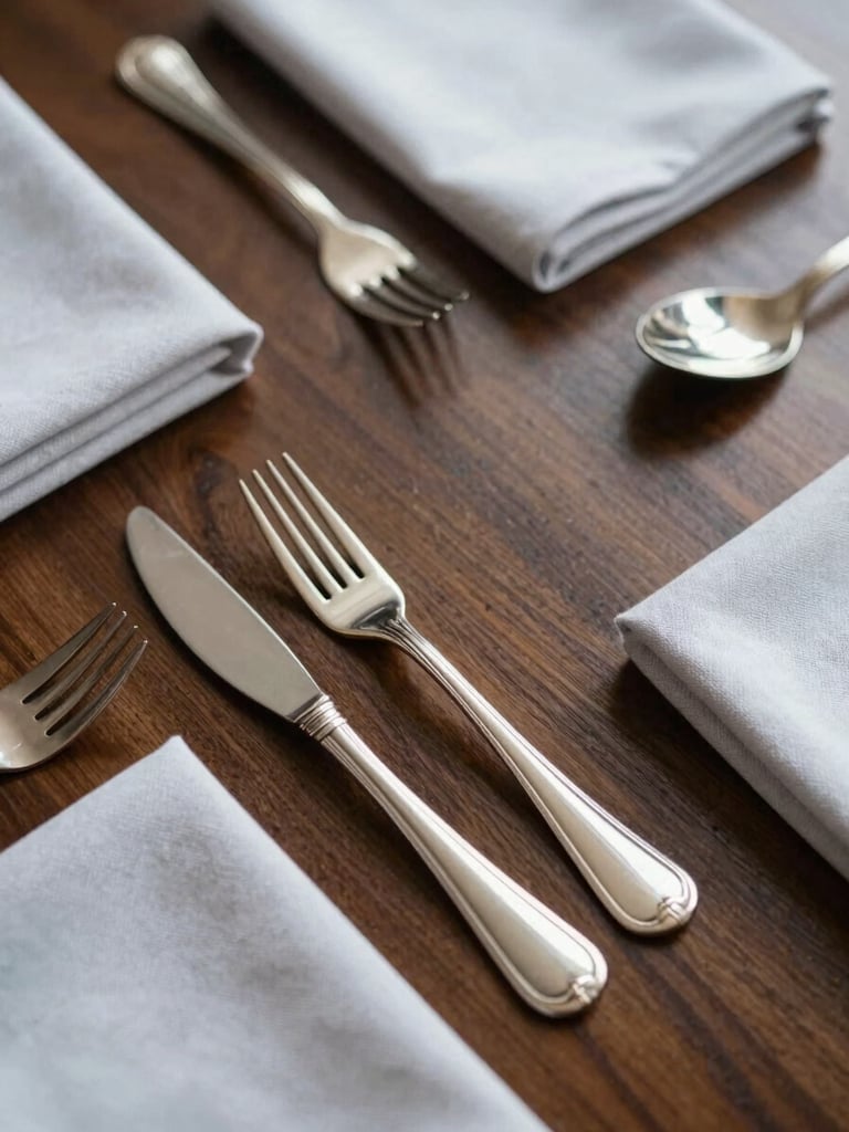Close-up overhead composition of a banquet table surface—dark walnut joinery, precisely folded linen napkins, polished silverware aligned to the millimetre, cool studio light from above, no people, no decoration beyond the material