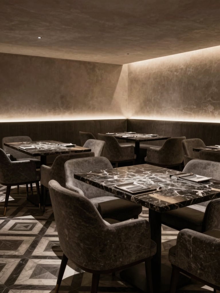 Wide shot of a restaurant interior at off-hours—empty chairs tucked neatly under dark marble-top tables, recessed cool lighting emphasising surface texture and spatial depth, geometric floor pattern visible, no people, no warm ambient glow