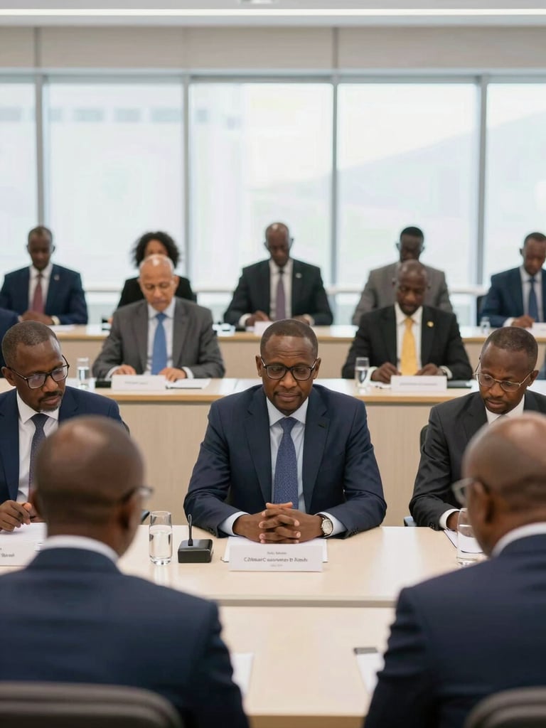 A collaborative meeting of African central bank directors in a state-of-the-art Casablanca lecture hall, bright natural light, professional environment, 35mm corporate editorial photography.