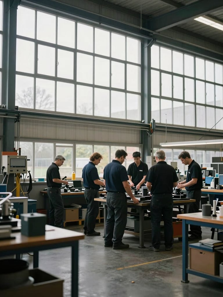 Wide environmental shot of a busy engineering workshop in Burton-on-Trent, natural overcast daylight pouring through high windows, team members collaborating in the background.
