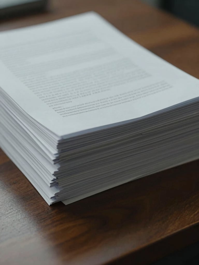 Close-up of a stack of legal documents on a polished dark wood desk, soft diffused overcast daylight, muted slate and navy tones, architectural details, 50mm lens.