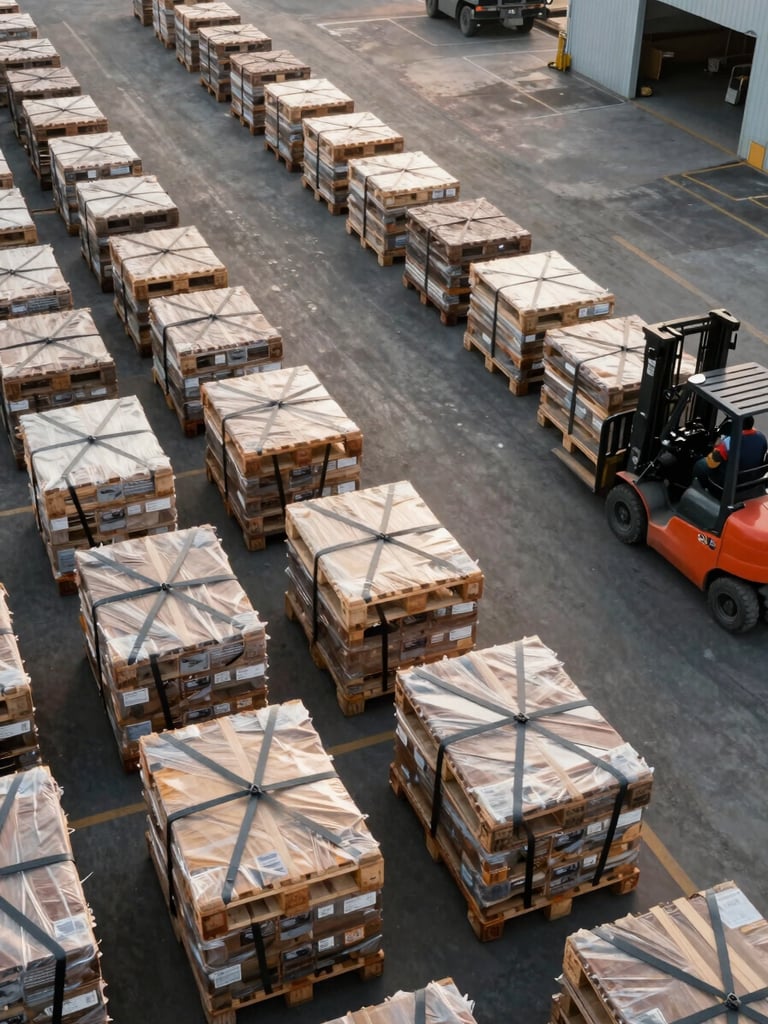 Overhead angle of a logistics operations yard at daylight, organized rows of cargo pallets being secured with straps by workers, forklift visible at the right edge, clean facility, natural morning light, Brazil industrial setting