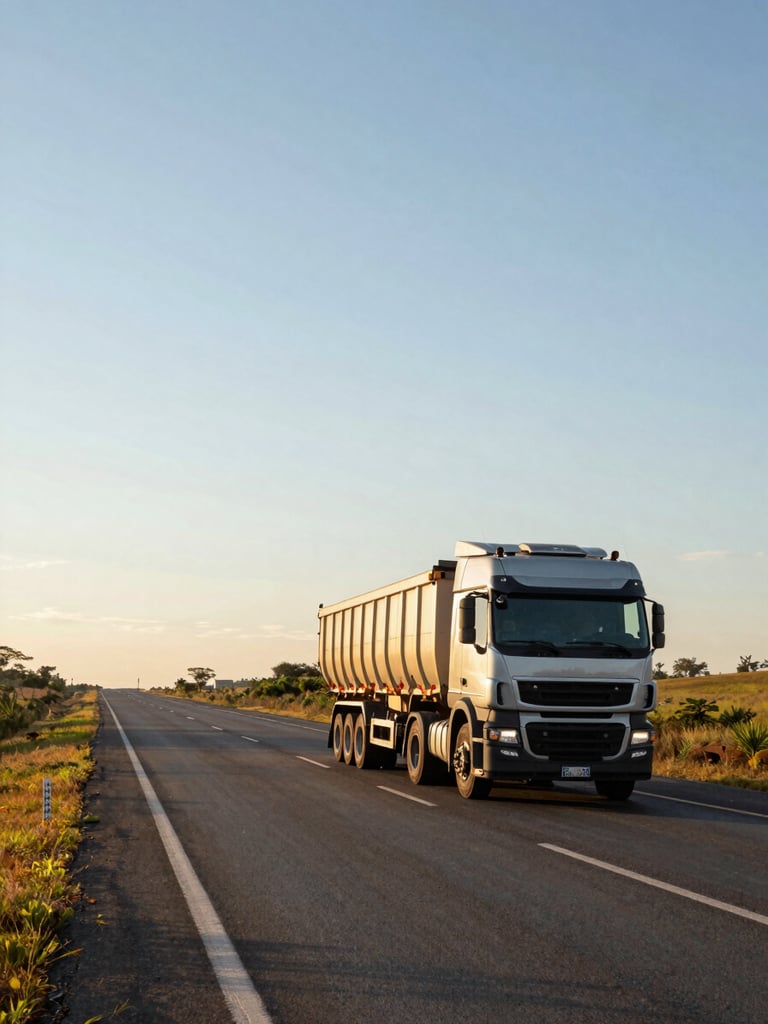 Wide panoramic highway at golden hour, a modern heavy-load truck moving away from camera on an open two-lane road stretching into the horizon, left side of frame, vast sky above, Brazil countryside, natural daylight, no filters