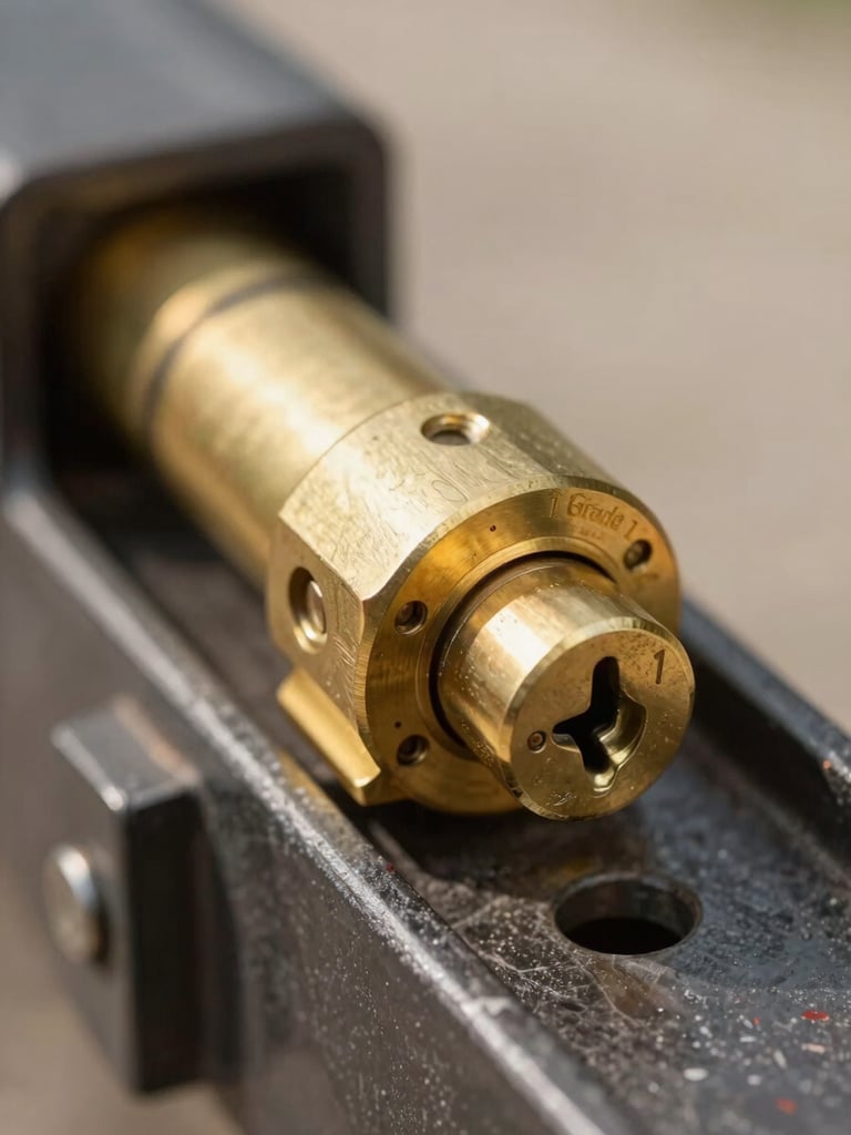 A close-up macro shot of a heavy-duty Grade 1 brass mortise lock cylinder being installed into a dark metal frame, bright natural daylight, shallow depth of field focusing on the keyway.