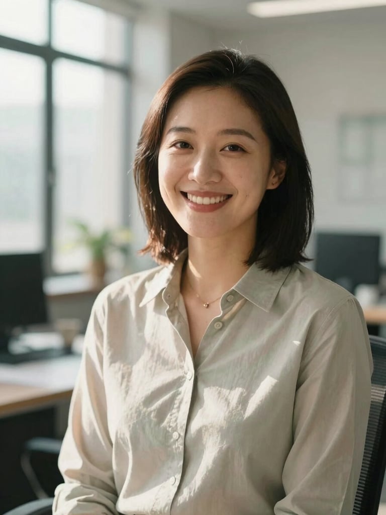 A warm environmental portrait of a professional leader in a sunlit office, smiling warmly, soft natural light, shallow depth of field, 35mm