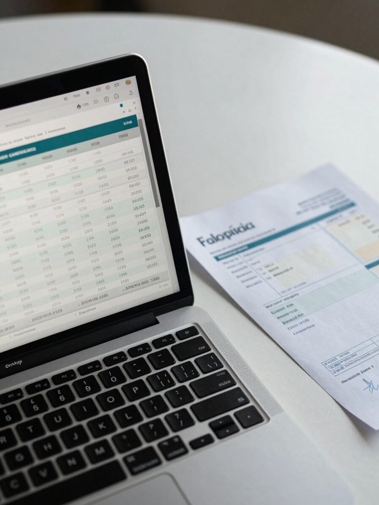 Overhead close-up of an open laptop on a clean desk showing a spreadsheet dashboard with financial columns, a Colombian business invoice beside it, cool north-facing daylight, minimal clutter, top-down angle