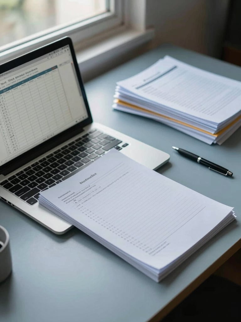 Overhead close-up of a tidy Colombian home-office desk: open laptop showing a spreadsheet, neatly stacked documents and a pen to the right, cool north-facing daylight from a window, muted blue-grey surface, no people