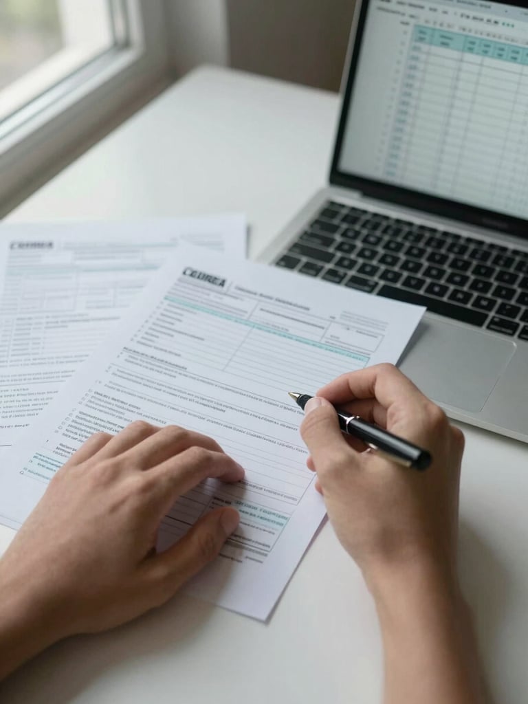 Close-up overhead shot of a Colombian tax form and a hand holding a pen beside an open laptop showing a spreadsheet, cool daylight from a north-facing window, clean white desk surface, organized papers