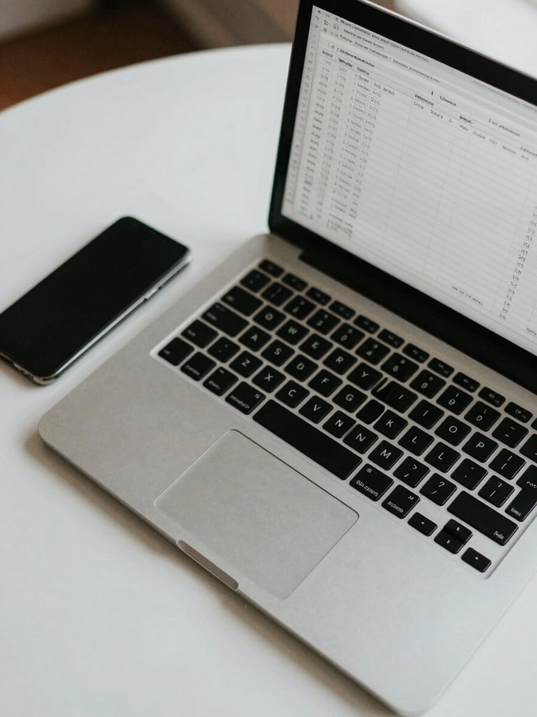 Overhead close-up of an open laptop on a clean desk showing a spreadsheet, a smartphone beside it, cool north-facing daylight, minimal Colombian home-office environment