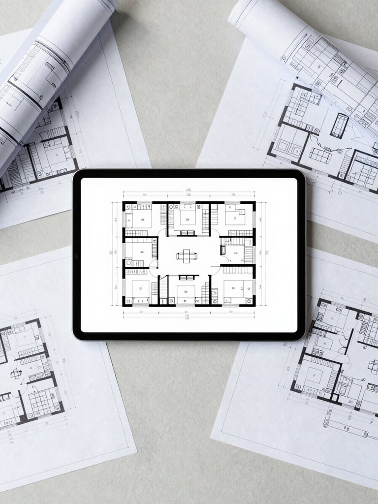 Flat-lay of technical engineering documents, blueprints, and a digital tablet showing a structured site layout, bright neutral daylight, clean slate-grey shadows