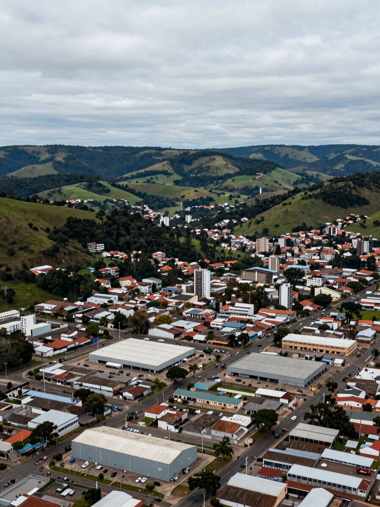 Wide panoramic aerial view of a small southern Brazilian city surrounded by Serra Gaúcha hills and green valleys, industrial and commercial district visible in the foreground with warehouse rooftops, overcast cool daylight giving a neutral industrial tone, horizon line low, generous sky above, no text or signs legible