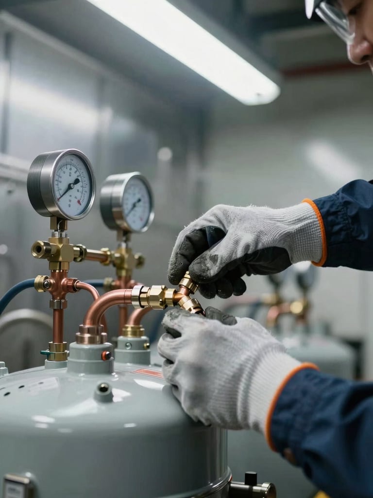 Close-up low-angle shot of a refrigeration technician's gloved hands connecting refrigerant line fittings on a commercial condensing unit, copper tubing and pressure gauges visible, industrial workshop fluorescent lighting overhead, tool belt and safety gloves in sharp focus, background blurred stainless steel equipment wall