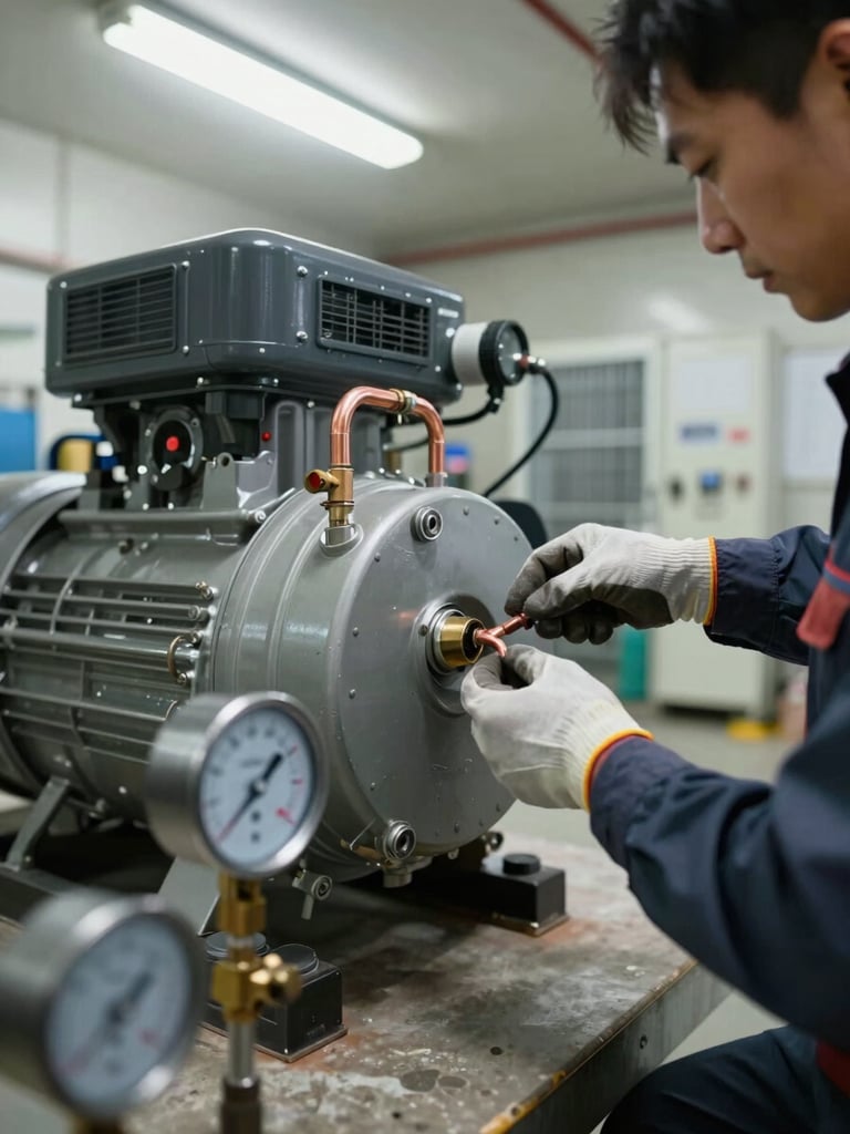 Close-up wide angle of a refrigeration technician in work uniform and safety gloves tightening copper pipe fittings on the back of a large commercial compressor unit, industrial fluorescent lighting from above, visible pressure gauges in foreground, concrete floor of a cold room installation site