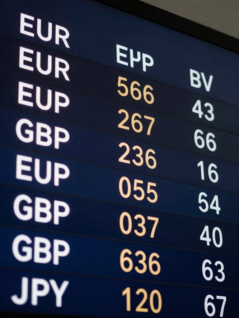 Extreme close-up of a live currency exchange rate ticker board in a modern financial institution, cool studio strobe lighting, EUR USD GBP JPY labels in sharp focus, deep navy background, no people
