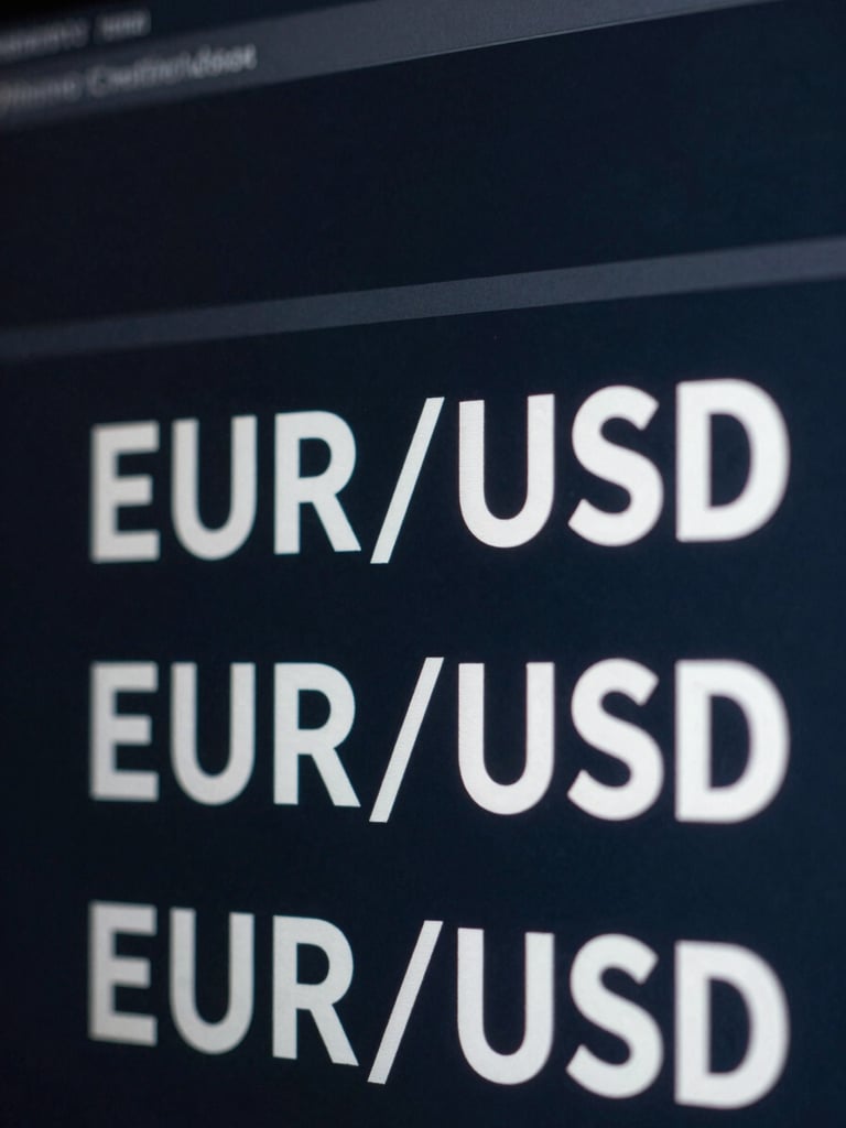 Extreme close-up of a currency conversion interface on a dark glass screen, live EUR/USD rate displayed in sharp white numerals, cool studio lighting, no reflections, financial data only