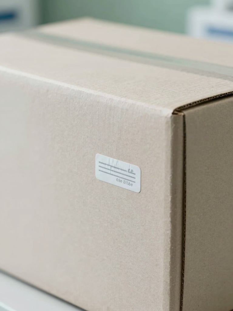 Close-up of a secure, neutral-colored medical shipping box with a tamper-evident seal, clean studio lighting, soft green accents in background.